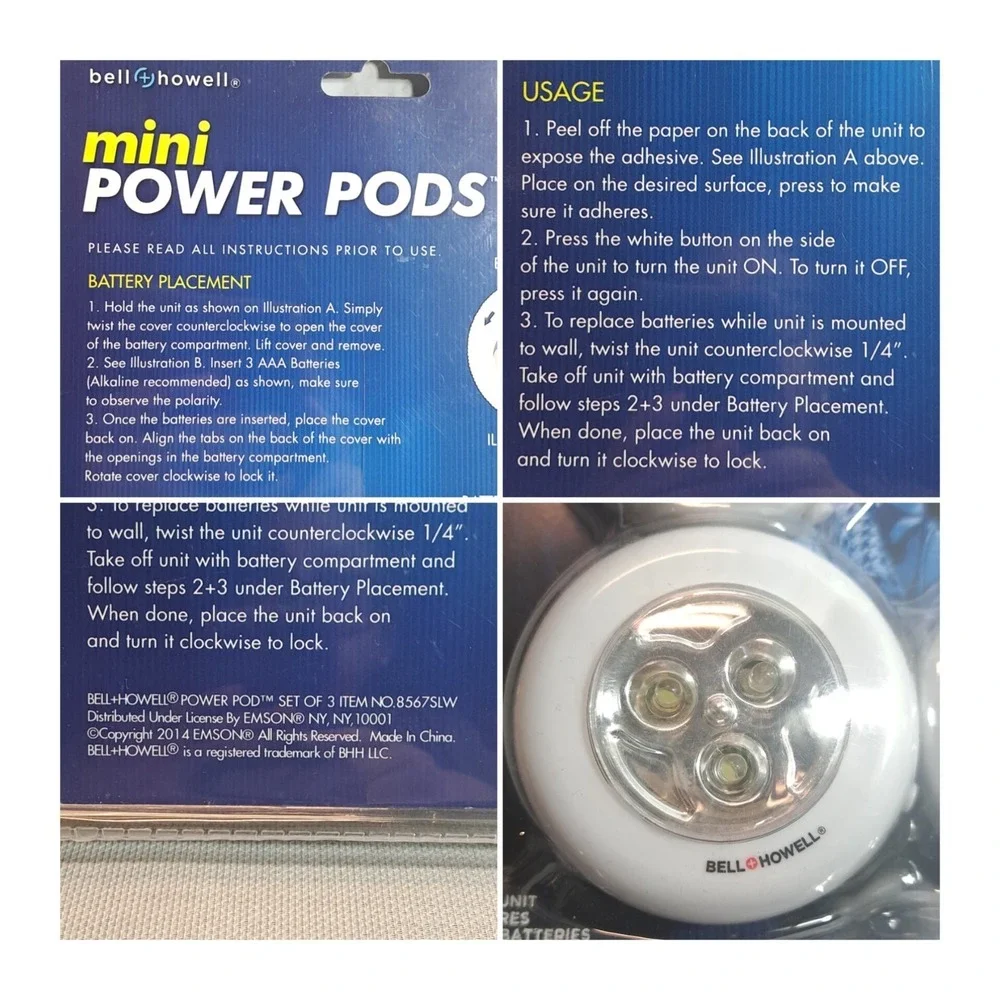 Bell Howell 3‎ mini-Power Pods Stick Anywhere 1,000's Of Hours Of Light